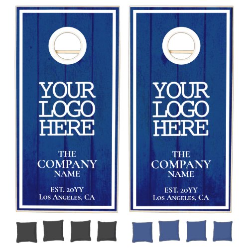 Modern Blue Barn Wood Planks Company Logo Cornhole Set