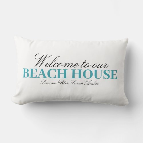Modern blue beach house custom name  lumbar pillow