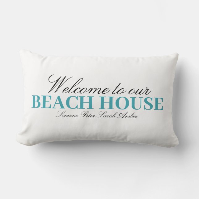 Modern blue beach house custom name  lumbar pillow (Front)