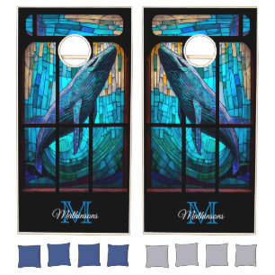 Modern Blue Beach Life Blue Whale in the ocean Cornhole Set