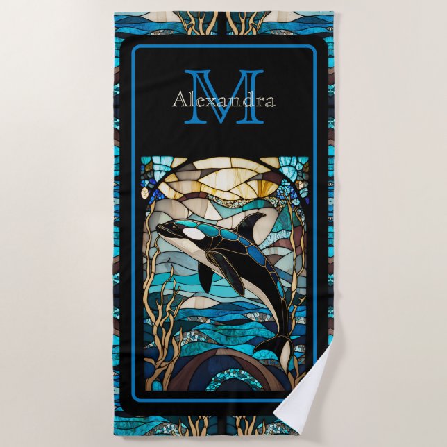 Modern Blue Beach Life Orca Whale in the ocean Beach Towel (Front)
