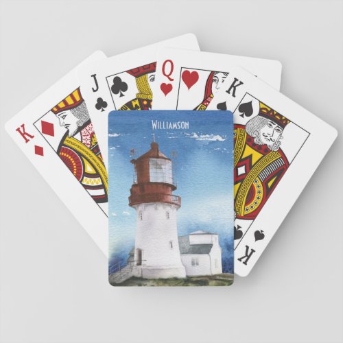 Modern Blue Beach Ocean Lighthouse Monogrammed Poker Cards