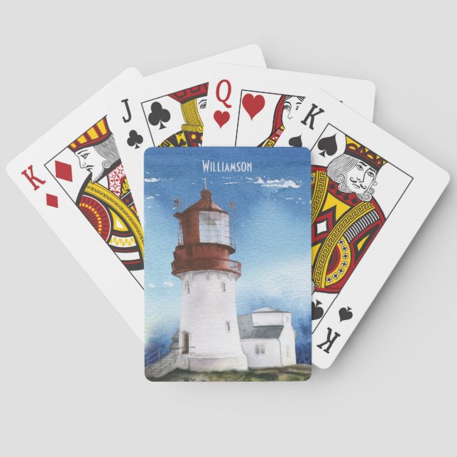 Modern Blue Beach Ocean Lighthouse Monogrammed Poker Cards (Back)