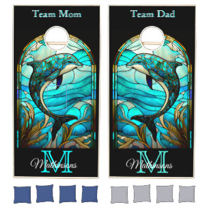 Modern Blue Beach Sea Life Dolphin in the ocean Cornhole Set