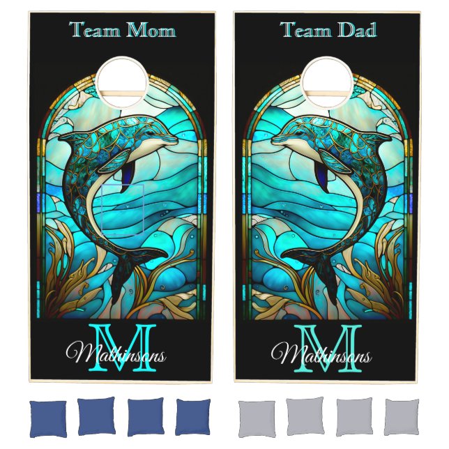 Modern Blue Beach Sea Life Dolphin in the ocean Cornhole Set (Set)