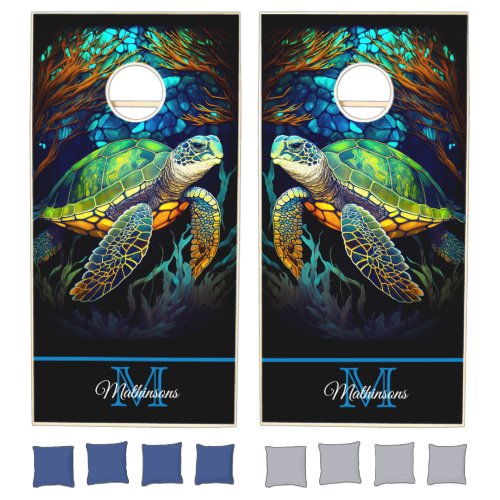 Modern Blue Beach Sea Turtle in the ocean colorful Cornhole Set