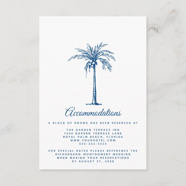 Modern Blue Beach Wedding Accommodations Enclosure Card (Front)