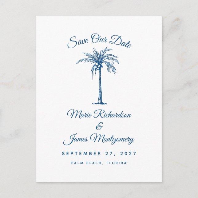 Modern Blue Beach Wedding Save the Date Announcement Postcard (Front)