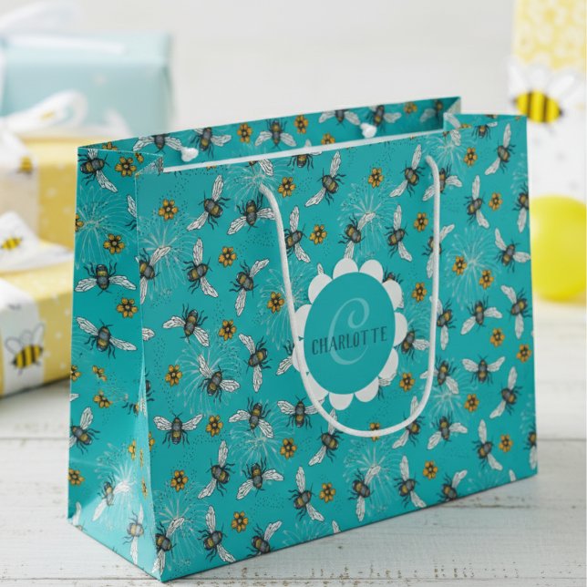Modern Blue Bees and Flowers Large Gift Bag (Modern Blue Floral Bee Gift Bags for Nature & Insect Lover. Elegant Honeybee Pattern for Birthday)