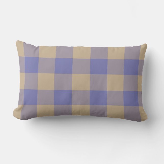 Modern Blue & Beige Gingham Outdoor Lumbar Pillow (Front)