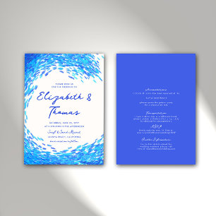 Modern Blue Big Surfer Wave Beach All One Wedding Invitation