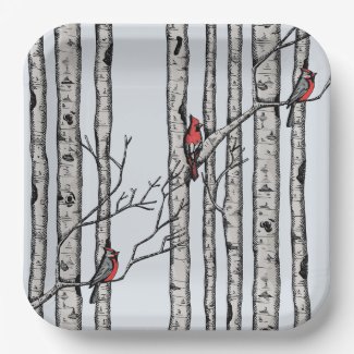 Modern Blue Birch Trees and Red Cardinal Birds