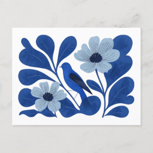 Modern Blue Bird & Floral Illustration – Abstract Postcard