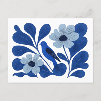 Modern Blue Bird & Floral Illustration – Abstract Postcard