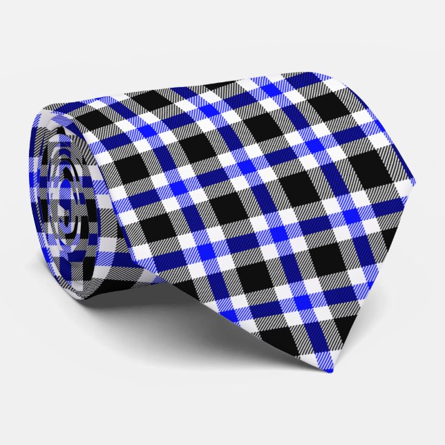 Modern Blue Black and White Plaid Pattern Neck Tie (Rolled)