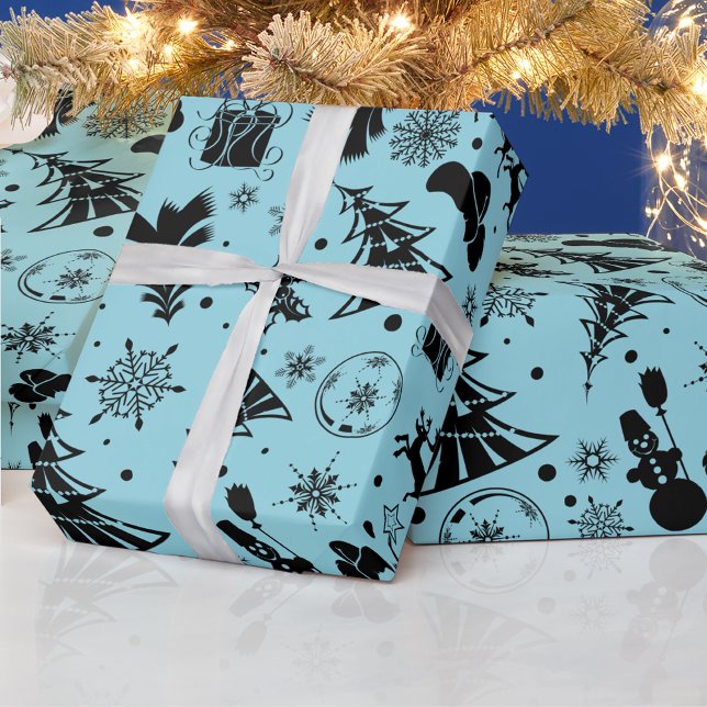 Modern Blue & Black Christmas Pattern Holiday Wrapping Paper (Creator Uploaded)