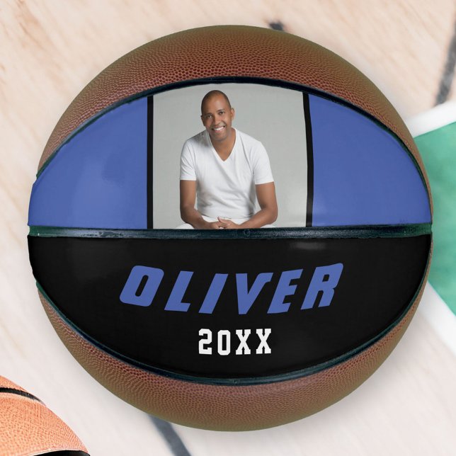 Modern Blue Black Custom Name Text Photo Basketball (Creator Uploaded)