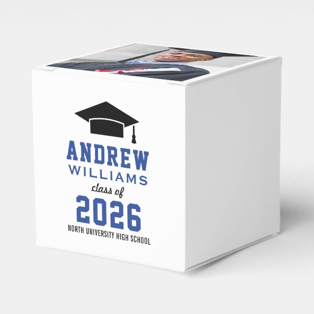 Modern Blue Black Custom Photo Graduation Favor Boxes (Front Side)