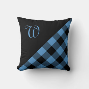Modern Blue Black Gingham Plaid Pattern Monogram Throw Pillow