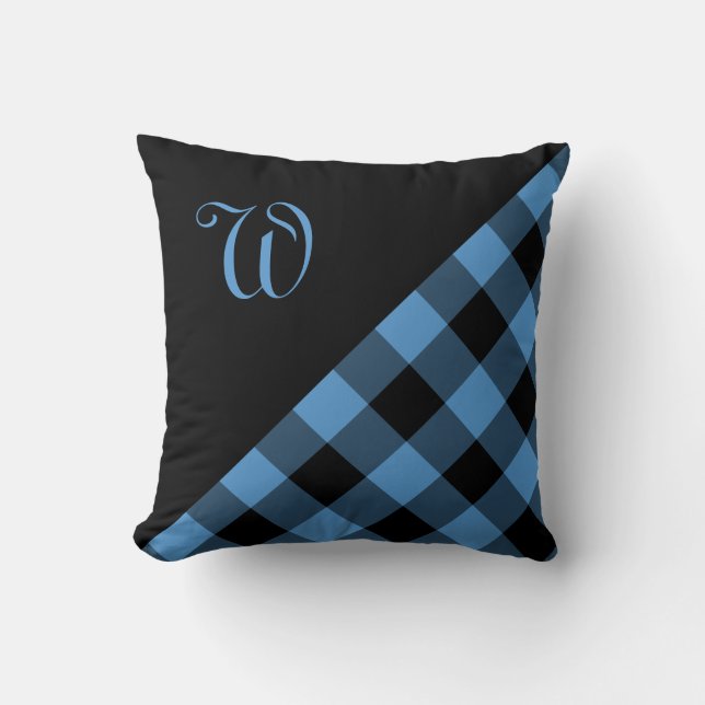 Modern Blue Black Gingham Plaid Pattern Monogram Throw Pillow (Front)