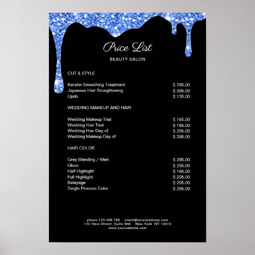 Modern Blue Black Glitter Preislisten Poster