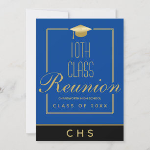 Modern Blue Black Gold Script 10th Class Reunion Invitation