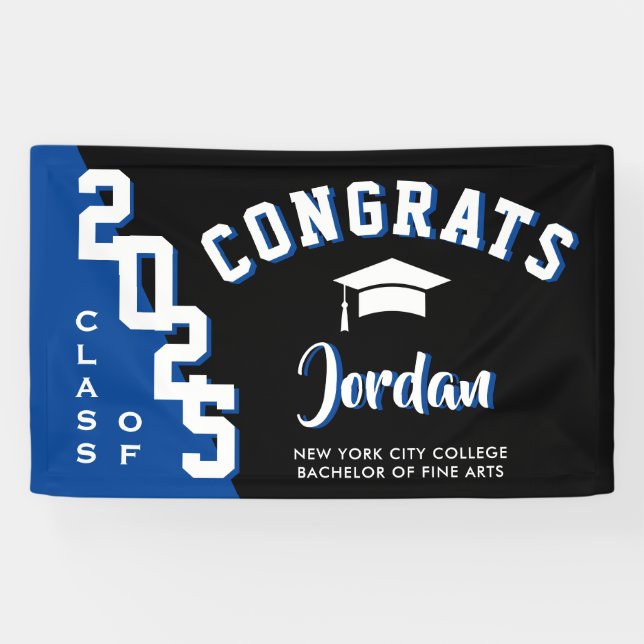 Modern Blue Black Graduation Class of 2026 Party Banner (Horizontal)