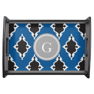 Modern blue black ikat tribal pattern monogram serving tray