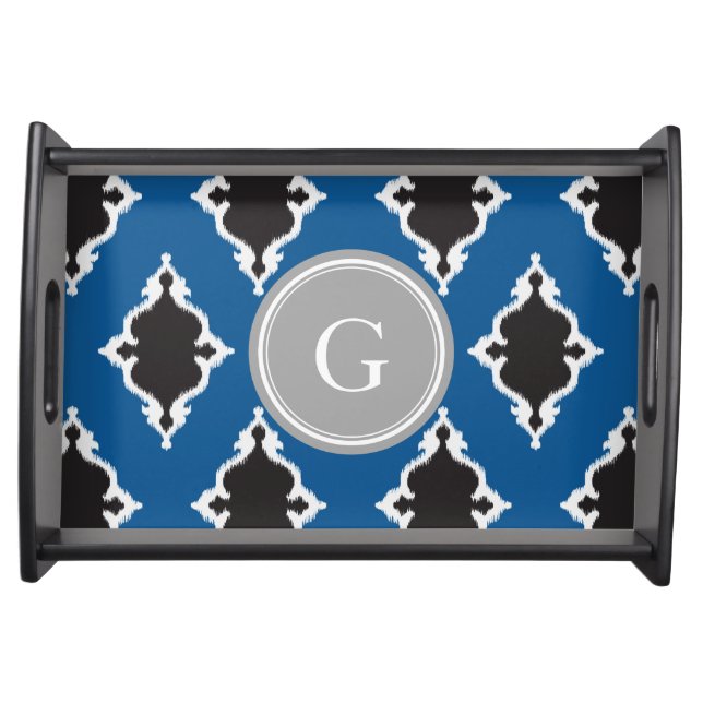 Modern blue black ikat tribal pattern monogram serving tray (Front)
