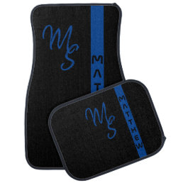 Modern Blue Black Line Stripe Monogram Name Cool Car Floor Mat