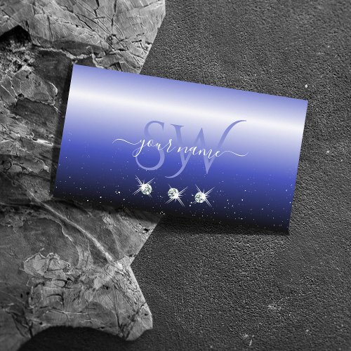 Modern Blue Black Ombre Sparkle Diamonds Initials Business Card