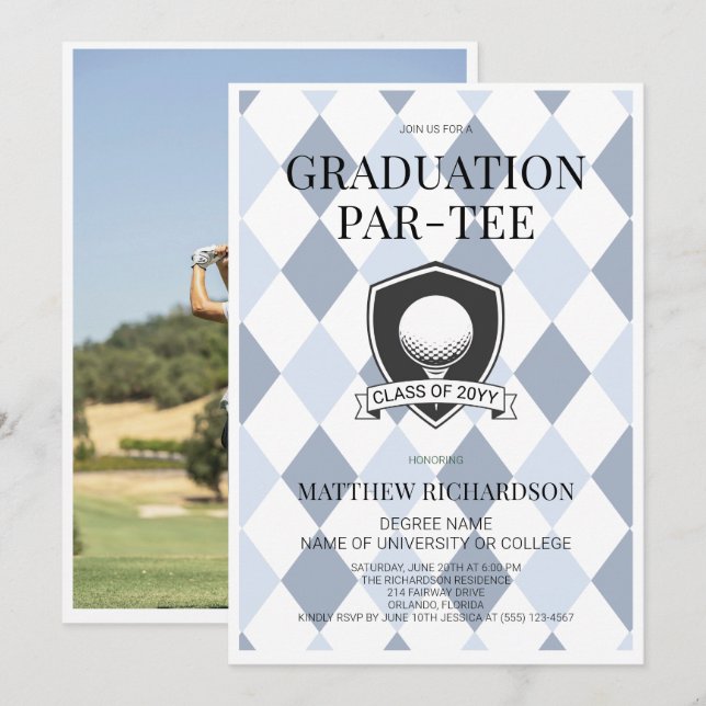 Modern Blue Black Photo Golf Graduation Party Invitation (Front/Back)