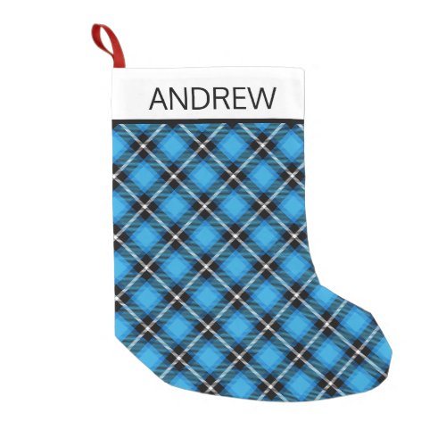 Modern Blue Black Plaid Pattern Add Name  Tartan Small Christmas Stocking