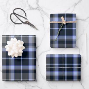 Modern Blue Black Plaid Tartan Pattern Wrapping Paper Sheets