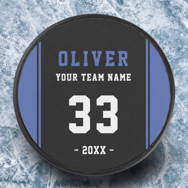 Modern Blue Black Player Name Number Team Hockey Puck (Creator Uploaded)