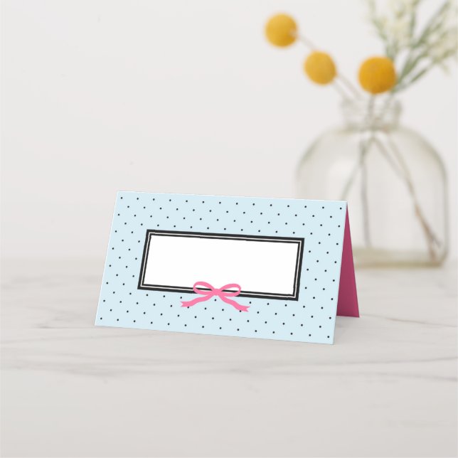 Modern Blue Black Polka Dot with Pink Ribbon Place Card (Front)