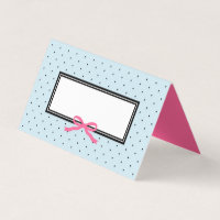 Modern Blue Black Polka Dot with Pink Ribbon Place Card
