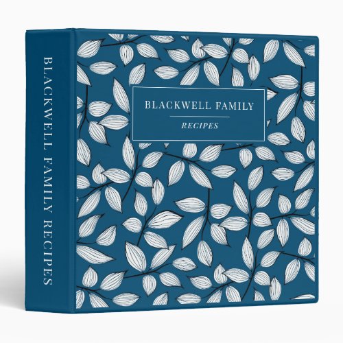 Modern Blue Black White Leaf Pattern Recipe 3 Ring Binder