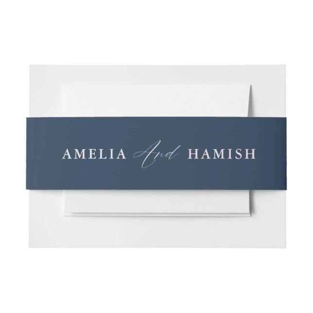 Modern Blue & Blush Calligraphy Wedding Invitation Belly Band (Front Example)