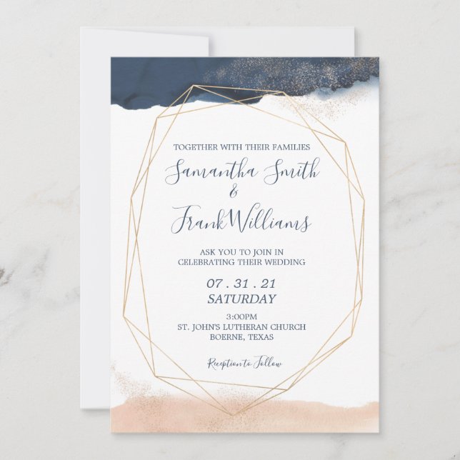 Modern Blue Blush Gold Geometric Invitation (Front)