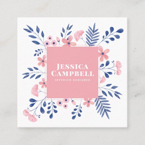 Modern blue blush pink geometric watercolor floral square business card