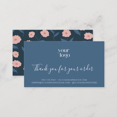 Modern Blue Boho Floral Script Logo Thank You  Business Card