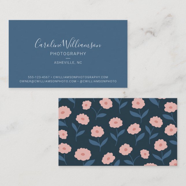 Modern Blue Boho Floral Simple Trendy Business Card (Front/Back)