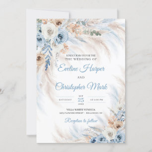 Modern blue boho flowers roses pampas tropical invitation