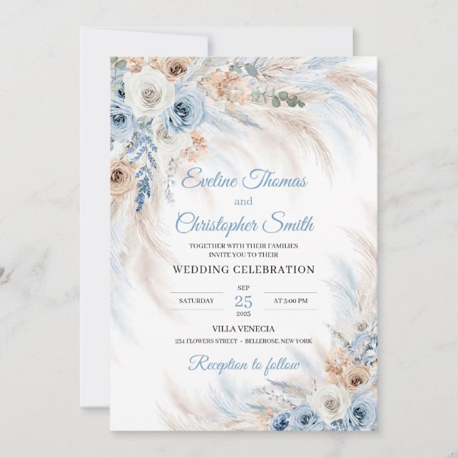 Modern blue boho flowers roses pampas tropical  invitation (Front)