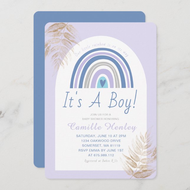 Modern Blue Boho Rainbow It's A Boy Baby Shower Invitation (Front/Back)