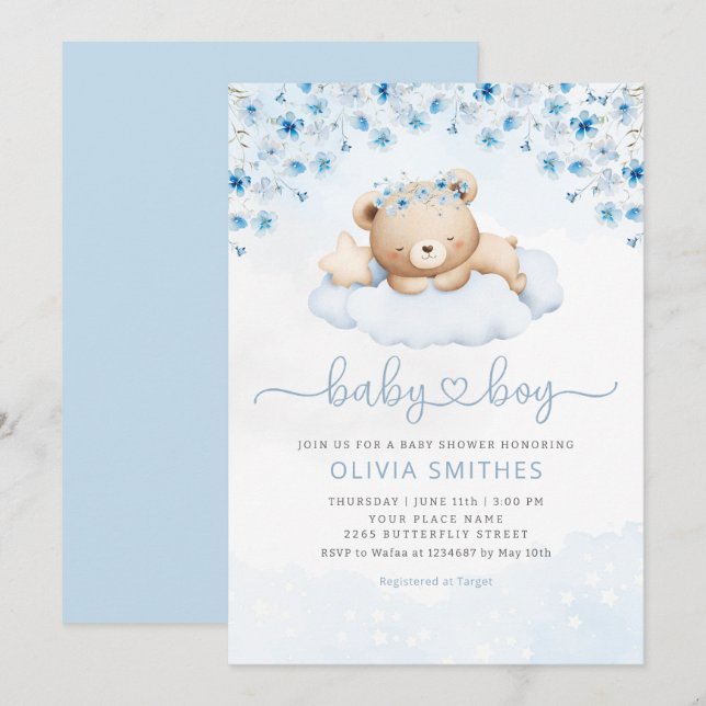 Modern Blue Boho Teddy Bear Boy Baby Shower  Invitation (Front/Back)