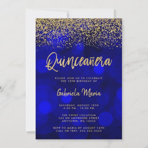 Modern Blue Bokeh Gold Glitter Quinceanera Invitation