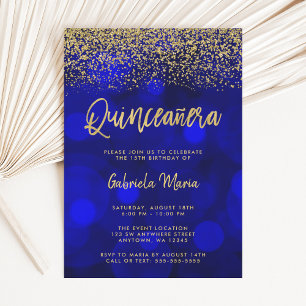 Modern Blue Bokeh Gold Glitter Quinceanera Invitation