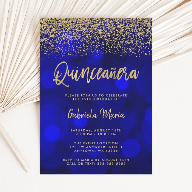 Modern Blue Bokeh Gold Glitter Quinceanera Invitation (Creator Uploaded)